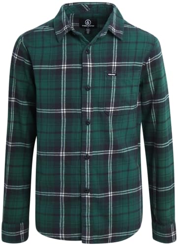 Volcom Jungen Button-Down-Hemd – klassisches gewebtes Langarm-Flanellhemd mit kariertem Kragen für Jungen (Größen 4–20), Grün , 5 von Volcom