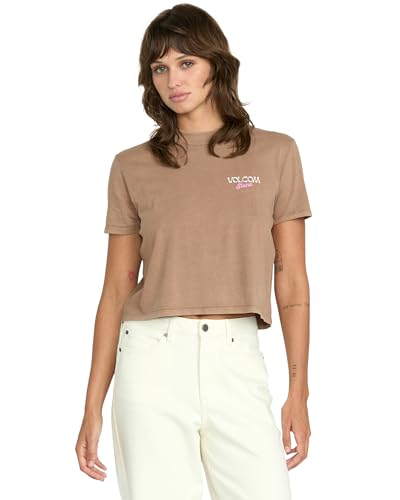 Volcom Women's Dial Crop Organic Cotton T-Shirt - Relaxed Fit, Enzym Washed, Brusttasche, gestreiftes Nackenband innen, haselnussbraun, Klein von Volcom