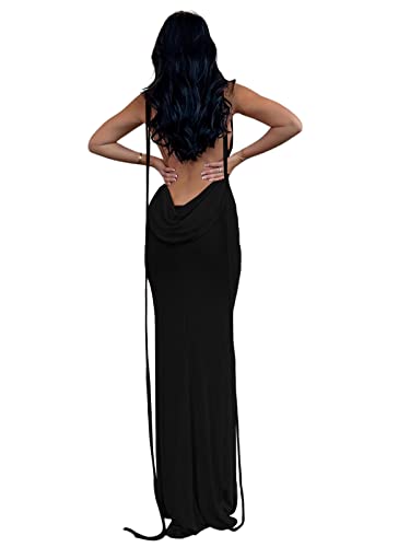 Volemo Figurbetontes Kleid für Damen, Spaghettiträger, Schnürung, rückenfrei, Wasserfallausschnitt, Maxi-Maxi, Meerjungfrauen-Cocktail-Partykleid, Schwarz, Mittel von Volemo