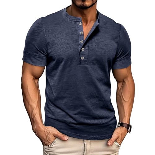 Volemo Herren Henley Shirt Kurzarm Casual T-Shirt Rundhalsausschnitt Knöpfe Basic Regular Fit Tops S-3XL (Blau,XXL) von Volemo