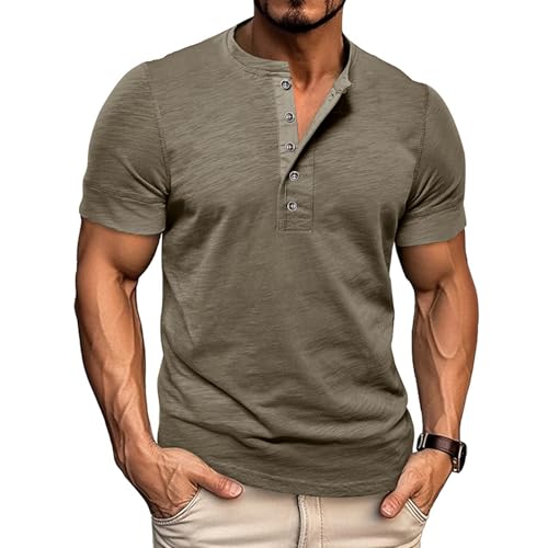 Volemo Herren Henley Shirt Kurzarm Casual T-Shirt Rundhalsausschnitt Knöpfe Basic Regular Fit Tops S-3XL (Grün,M) von Volemo