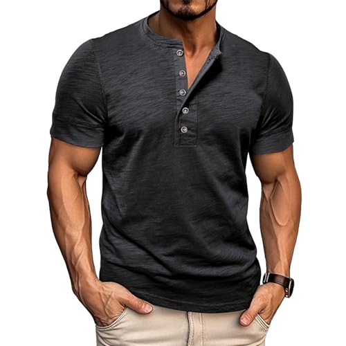 Volemo Herren Henley Shirt Kurzarm Casual T-Shirt Rundhalsausschnitt Knöpfe Basic Regular Fit Tops S-3XL (Schwarz,M) von Volemo