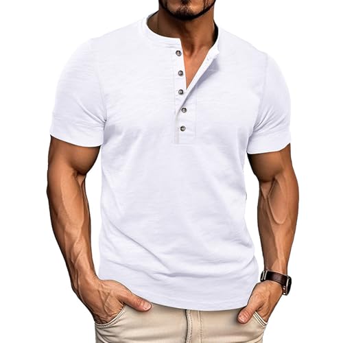 Volemo Herren Henley Shirt Kurzarm Casual T-Shirt Rundhalsausschnitt Knöpfe Basic Regular Fit Tops S-3XL (Weiß,XL) von Volemo