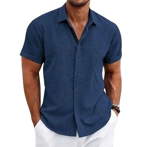 Volemo Leinenhemd Herren Kurzarm Hemd Freizeithemd Sommer Strand Regular Fit Blau XL von Volemo