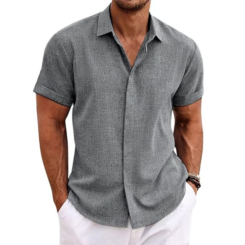 Volemo Leinenhemd Herren Kurzarm Hemd Freizeithemd Sommer Strand Regular Fit Grau XL von Volemo
