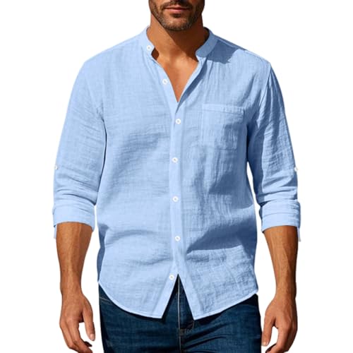 Volemo Leinenhemd Herren Langarmhemd Ohne Lragen Freizeithemd Sommer Strand Regular Fit Blau 3XL von Volemo