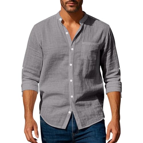 Volemo Leinenhemd Herren Langarmhemd Ohne Lragen Freizeithemd Sommer Strand Regular Fit Grau XL von Volemo