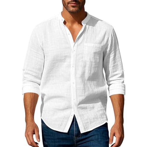 Volemo Leinenhemd Herren Langarmhemd Ohne Lragen Freizeithemd Sommer Strand Regular Fit Weiß 3XL von Volemo