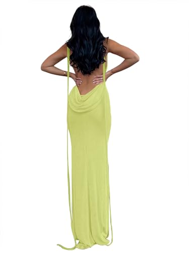 Volemo Slip Bodycon Kleider für Frauen Spaghettiträger Schnürung Rückenfrei Wasserfallkragen Maxi Meerjungfrau Cocktail Party Kleid, Lindgrün, Klein von Volemo