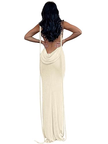 Volemo Slip Bodycon Kleider für Frauen Spaghettiträger Schnürung Rückenfrei Wasserfallkragen Maxi Meerjungfrau Cocktail Party Kleid, aprikose, Klein von Volemo