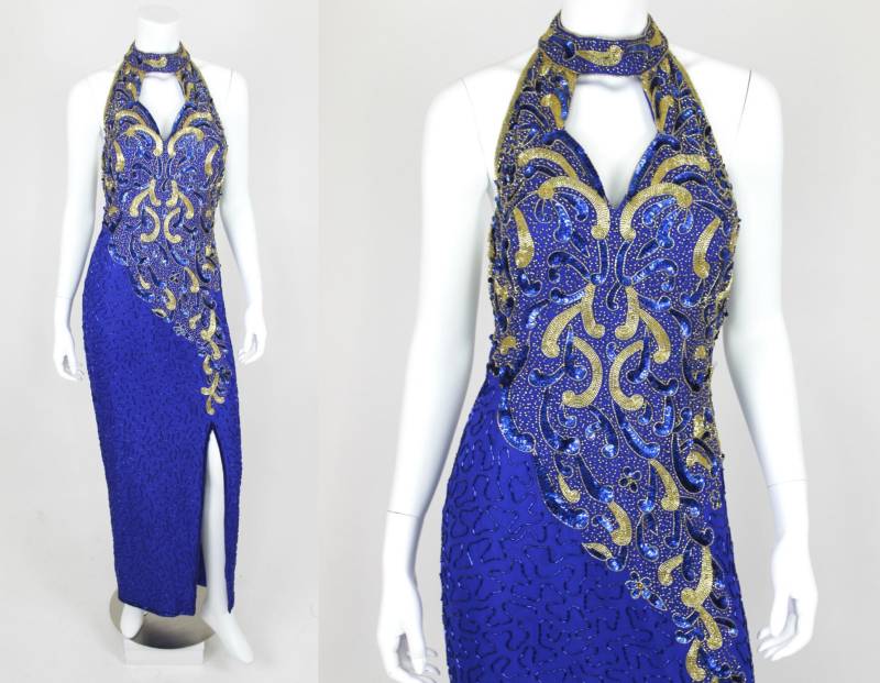 Jahrgang Pailletten Kleid Blau Gold Neckholder Rückenfreie Split Kleine 80Er Jahre Prom von VolereVintage