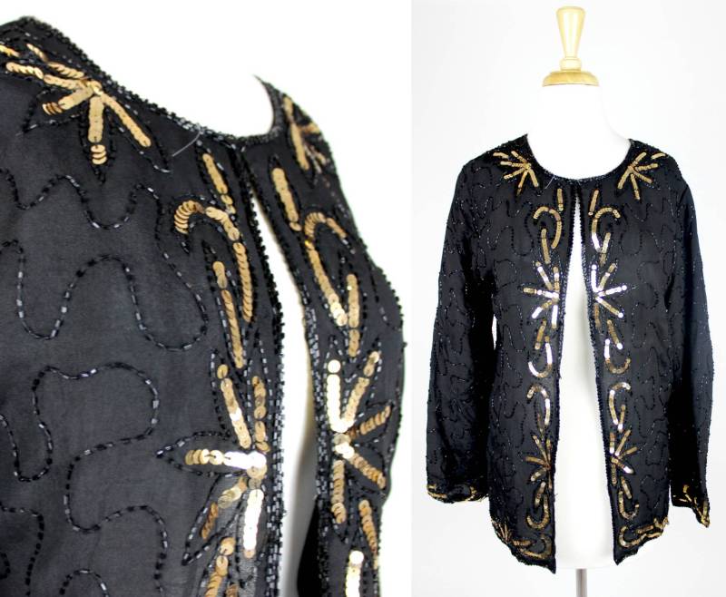 Nwt Vintage Paillettenjacke Schwarz Gold Blazer Perlen Neu Groß Headstock von VolereVintage