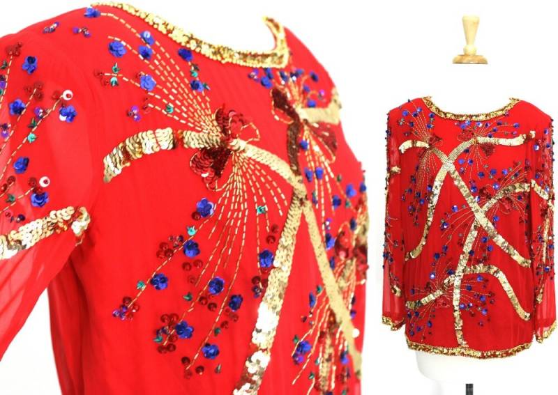 Paillettenbluse Rot Seide 80Er Jahre Vintage von VolereVintage