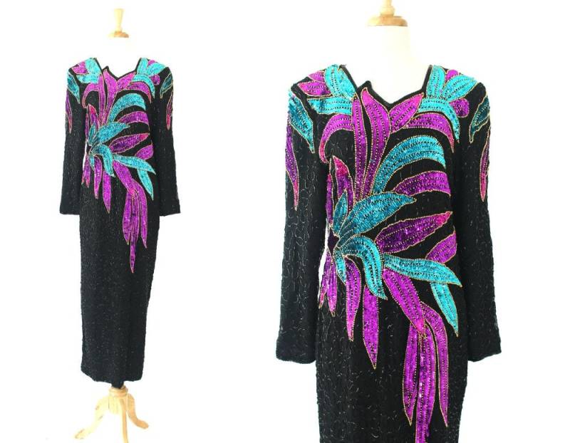Paillettenkleid Abstraktes Perlenkleid/Schwarz Langarm Türkis Pink Gr. 12 von VolereVintage