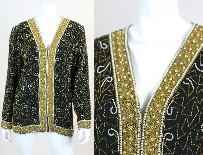 Vintage Pailletten Jacke Große Gold-Schwarze Perlen Perlseide von VolereVintage