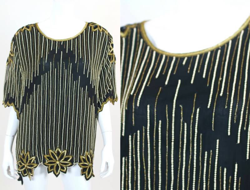 Vintage Paillettenbluse Perlen Plus Größe 3x Gold Floral Schwarz Weiß von VolereVintage