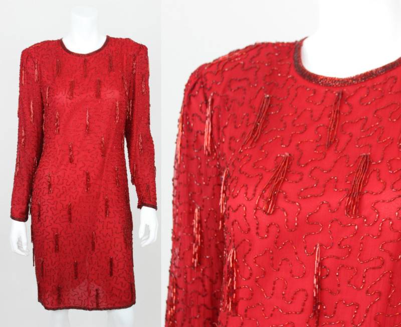 Vintage Paillettenkleid Rote Quaste Fransen Langarm Scala Seide Party Fitted von VolereVintage