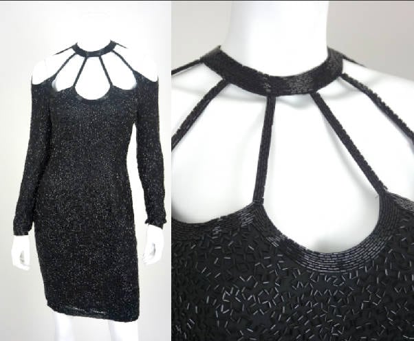 Vintage Paillettenkleid Schwarz Langarm Kurzarm Cocktail Formal Abendkleid Offen Rückenlos Tailliert von VolereVintage
