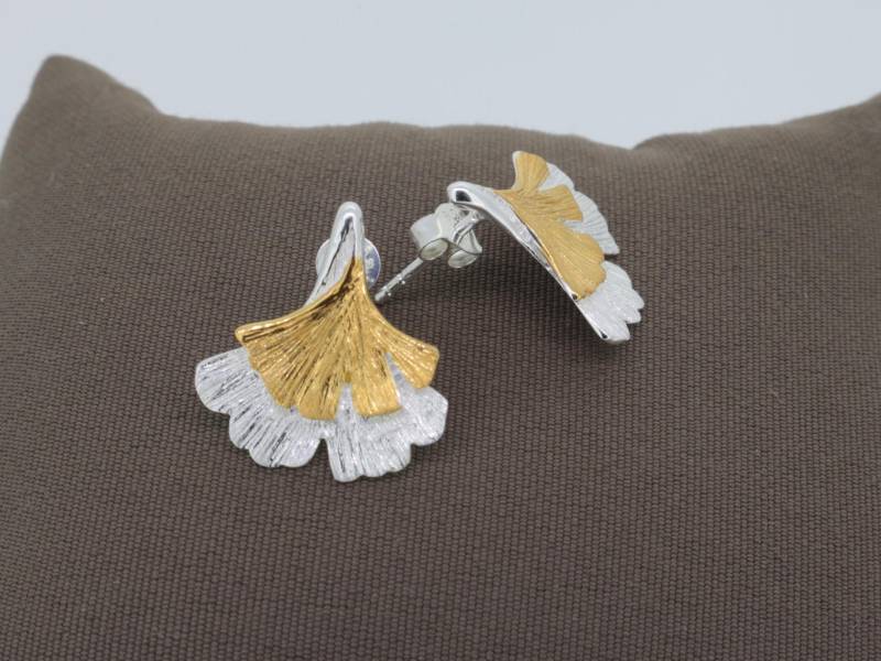 Ginkgoblatt Ohrstecker Bicolor - 925 Sterling Silber, Vergoldet, Eleganter Ohrschmuck, Teilvergoldet, Ginkgo von VolksJuwelier