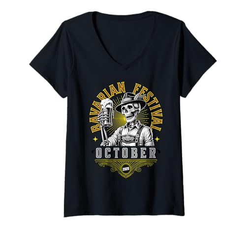 Damen Oktober Bayern Fest bayrisches Volksfest Lederhosen Outfit T-Shirt mit V-Ausschnitt Damen Oktober Bayern Fest bayrisches Volksfest Lederhosen Outfit T-Shirt mit V-Ausschnitt von Volksfest Oktober Bayern Fest Outfit Bier Party