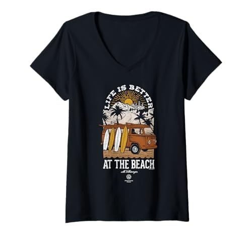 Damen Typ 2 T2 Campervan Life Is Better At The Beach T-Shirt mit V-Ausschnitt Damen Typ 2 T2 Campervan Life Is Better At The Beach T-Shirt mit V-Ausschnitt von Volkswagen