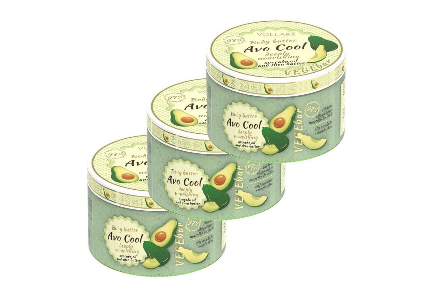 Vollarè Cosmetics Körperbutter Vegane Bodybutter BIO Reichhaltige Bodybutter Feuchtigkeitsspendend für Ihre Haut 97% aus natürlichen Inhaltsstoffen Made in Europa Naturkosmetik für alle Hauttypen (Avocado & Sheabutter, 3x 200ml), 3-tlg. von Vollarè Cosmetics