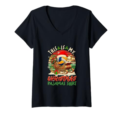 Damen Vintage Retro My Christmas Pajama Shirt Volleyball Player T-Shirt mit V-Ausschnitt Damen Vintage Retro My Christmas Pajama Shirt Volleyball Player T-Shirt mit V-Ausschnitt von Volleyball Christmas Costume