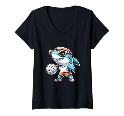 Damen Volleyball Cool Shark Spielerisch Lebendig T-Shirt mit V-Ausschnitt Damen Volleyball Cool Shark Spielerisch Lebendig T-Shirt mit V-Ausschnitt von Volleyball Cool Shark Lustiger Hai