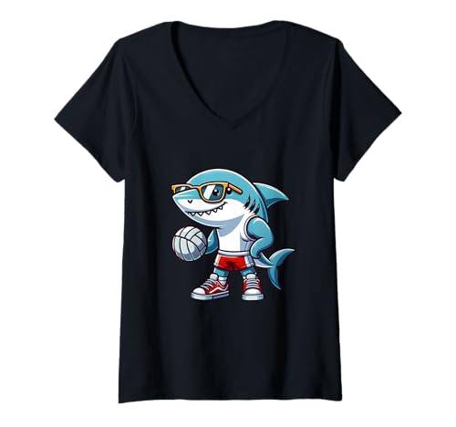 Damen Volleyball Cool Shark Mit Brille T-Shirt mit V-Ausschnitt Damen Volleyball Cool Shark Mit Brille T-Shirt mit V-Ausschnitt von Volleyball Cool Shark Sport Fans
