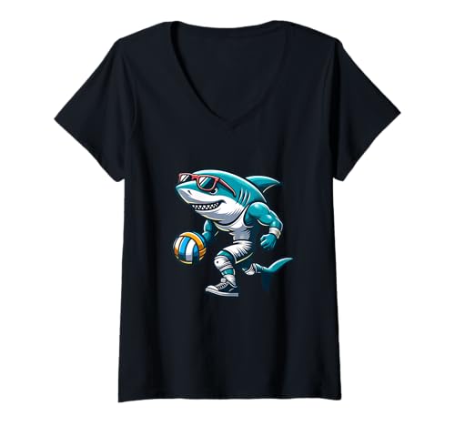 Damen Volleyball Cool Shark Spieler Sonne Brille T-Shirt mit V-Ausschnitt von Volleyball Cool Shark Sportlicher Trend
