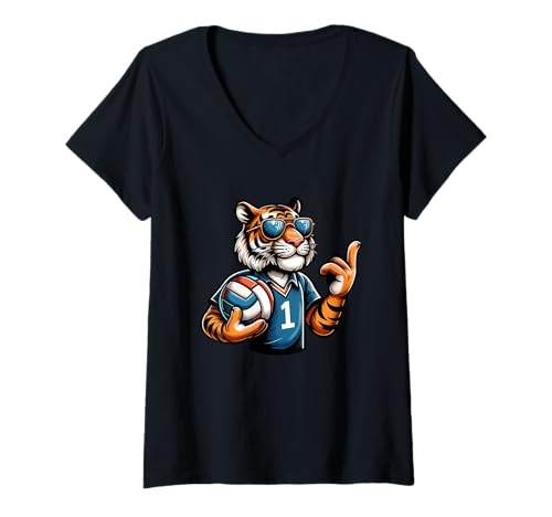 Damen Volleyball Cool Tiger Nummer Eins Sport T-Shirt mit V-Ausschnitt von Volleyball Cool Tiger Einmalig Stark