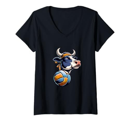 Damen Volleyball Kuh Mit Stirnband Und Ball T-Shirt mit V-Ausschnitt von Volleyball Kuh Spieler Sportliebhaber
