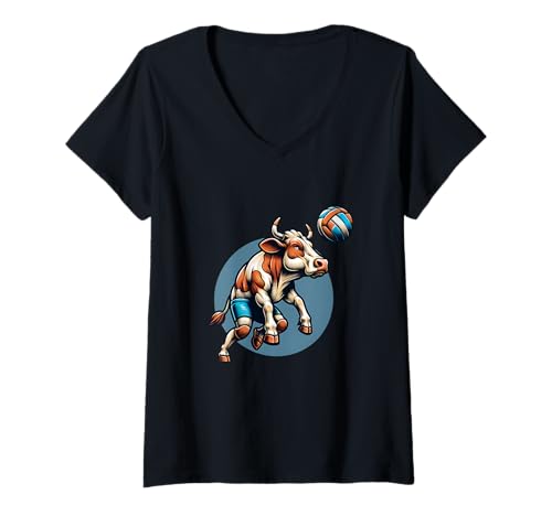 Damen Volleyball Kuh - Sportliches Tier T-Shirt mit V-Ausschnitt von Volleyball Kuh Trendiges Motiv