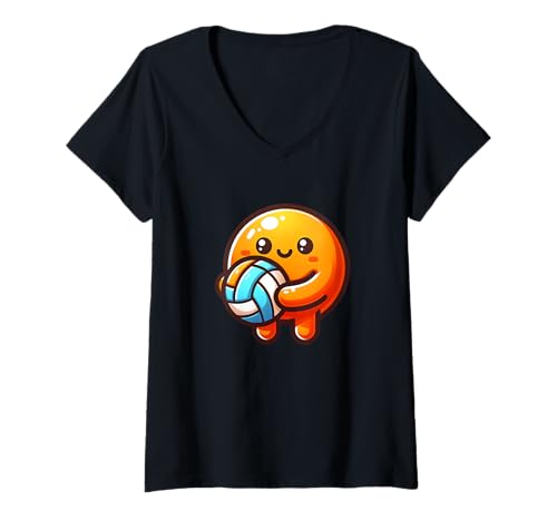 Damen Volleyball Lustig Orange Niedliches Gesicht Mit Ball T-Shirt mit V-Ausschnitt von Volleyball Lustig Orange Charakter Sportfreunde