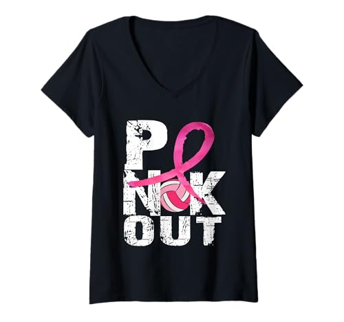 Damen Volleyball Pink Out Brustkrebs-Bewusstsein T-Shirt mit V-Ausschnitt Damen Volleyball Pink Out Brustkrebs-Bewusstsein T-Shirt mit V-Ausschnitt von Volleyball Pink Out Shirts