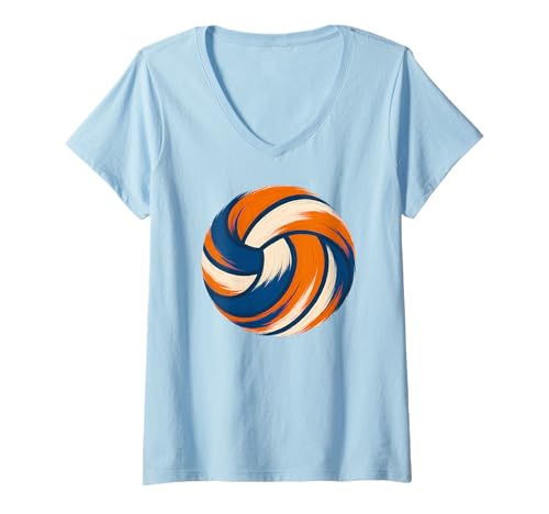 Damen Blaue und orangefarbene Volleyball-Teamspieler, Trainer T-Shirt mit V-Ausschnitt Damen Blaue und orangefarbene Volleyball-Teamspieler, Trainer T-Shirt mit V-Ausschnitt von Volleyball Player Orange and Blue
