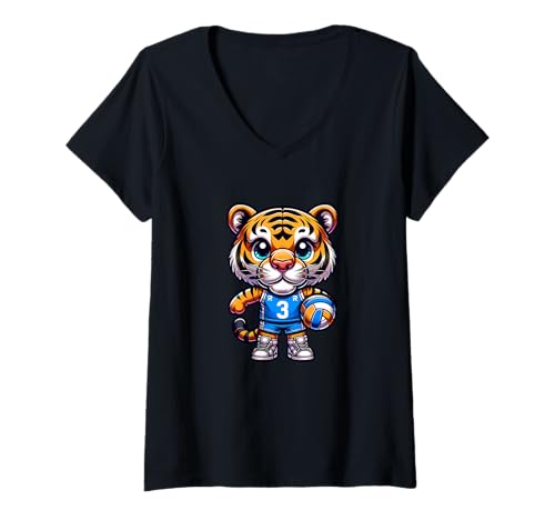 Damen Volleyball Niedlicher Tiger Kinder T-Shirt mit V-Ausschnitt Damen Volleyball Niedlicher Tiger Kinder T-Shirt mit V-Ausschnitt von Volleyball Süßer Tiger Kinder Fans