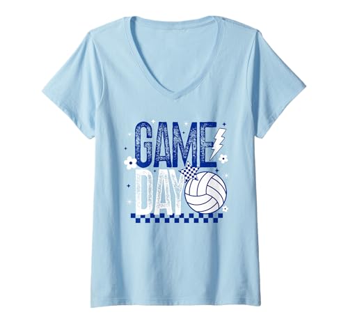 Damen Volleyball Game Day Retro Mädchen Volleyball Mama Blau & Gold T-Shirt mit V-Ausschnitt von Volleyball T-Shirt Co.