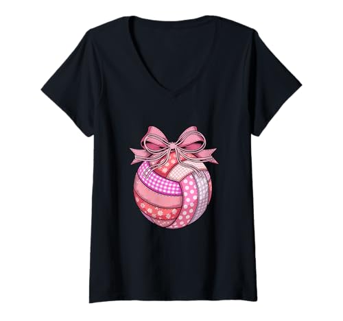 Damen Volleyball Ball Floral Pink Color Bow Tie Girl Women Player T-Shirt mit V-Ausschnitt Damen Volleyball Ball Floral Pink Color Bow Tie Girl Women Player T-Shirt mit V-Ausschnitt von Volleyball Vacations Costume