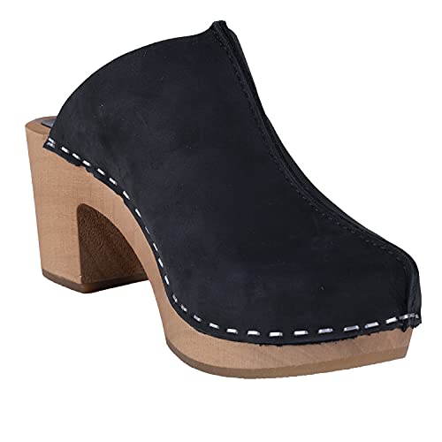 Vollsjö Damen Clogs Aus Holz Und Leder Hausschuhe Schwarz Holzschuhe Clogs Für Frauen, Modisch Und Gemütlich Freizeitschuhe, Heimschuhe, Hergestellt In Der EU, 40, Dunkelblau von Vollsjö