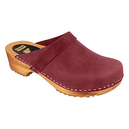 Vollsjö Herren Clogs Aus Holz Und Leder/Wildleder Hausschuhe Holzschuhe Clogs Für Männer, Modisch Und Gemütlich Freizeitschuhe, Heimschuhe, Hergestellt In Der EU, 43, Wildleder-Weinrot von Vollsjö