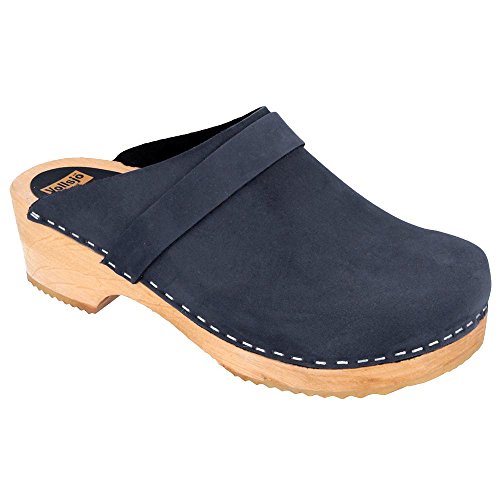 Vollsjö Herren Clogs Aus Holz Und Leder/Wildleder Hausschuhe Holzschuhe Clogs Für Männer, Modisch Und Gemütlich Freizeitschuhe, Heimschuhe, Hergestellt In Der EU, 45, Wildleder-Dunkelblau von Vollsjö