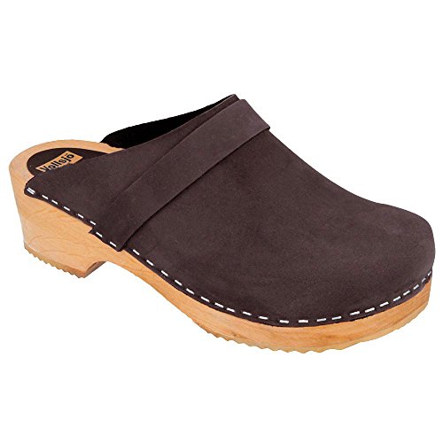 Vollsjö Herren Clogs Aus Holz Und Leder/Wildleder Hausschuhe Holzschuhe Clogs Für Männer, Modisch Und Gemütlich Freizeitschuhe, Heimschuhe, Hergestellt In Der EU, 45, Wildleder-Dunkelbraun von Vollsjö