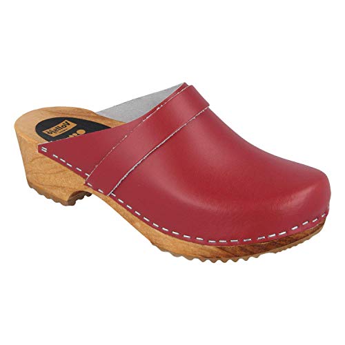 Vollsjö Herren Clogs Aus Holz Und Leder/Wildleder Hausschuhe Holzschuhe Clogs Für Männer, Modisch Und Gemütlich Freizeitschuhe, Heimschuhe, Hergestellt In Der EU, 43, Lackleder-Rot von Vollsjö