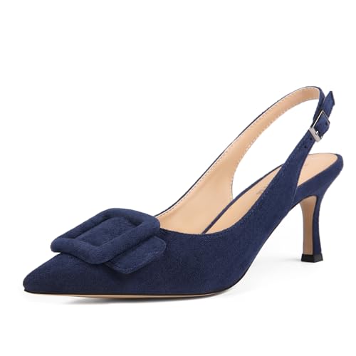 Damen-Pumps mit Slingback-Absatz, geschlossen, spitzer Zehenbereich, Slingback-Pumps mit quadratischer Schnalle, Hochzeit, Party, Freizeit, Dunkelblau, 38.5 EU von Volrina