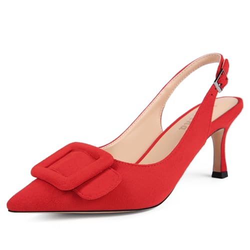 Damen-Pumps mit Slingback-Absatz, geschlossen, spitzer Zehenbereich, Slingback-Pumps mit quadratischer Schnalle, Hochzeit, Party, Freizeit, Rot/Ausflug, einfarbig (Getaway Solids), 39.5 EU von Volrina