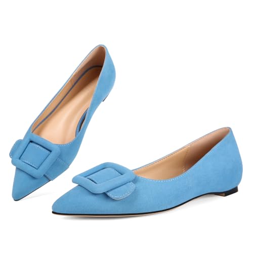 Volrina Flache Ballerinas für Damen, spitzer Zehenbereich, bequem, elegant, zum Reinschlüpfen, flache Schuhe mit Schnalle, Blau, 39 EU von Volrina