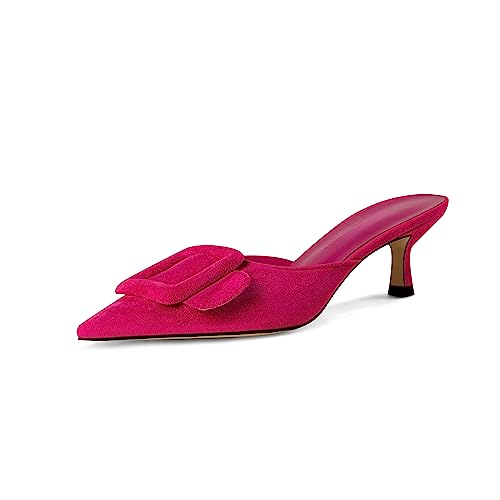 Volrina Kitten Heel Pantoletten Sandalen für Frauen Spitze Zehen Quadratische Schnalle Rückenfrei Slip on Wildleder Stiletto Kleid Heeled Sandalen Hochzeit Party Schuhe, Knallpink (Hot Pink), 41 EU von Volrina