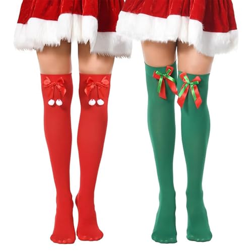 volumoon 2 Paar Weihnachten Overknees Strümpfe, Kniestrümpfe Weihnachten Miss Santa, Überkniestrümpfe Weihnachtens, Damen Weihnachtsstrümpfe, Overknee Strümpfe für Mädchen Cosplay von volumoon