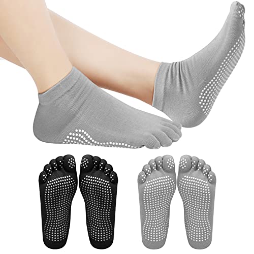 Volumoon 2 Paar Yoga Socken Rutschfeste für Damen Herren, Schwarz Grau Rutschsocken Stopppersocken mit Zehen, Baumwolle Antirutsch Sportsocken, Anti-Rutsch-Socken für Pilates Gymnastik Barre EU 37-42 von Volumoon